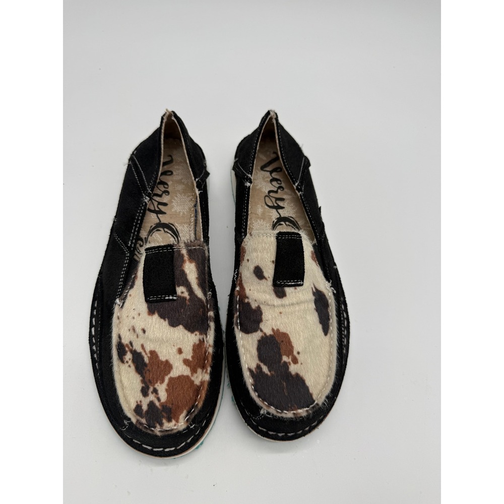 Very G Faux Cowhide Slip On Shoes Brown White Animal Print Loafers 10